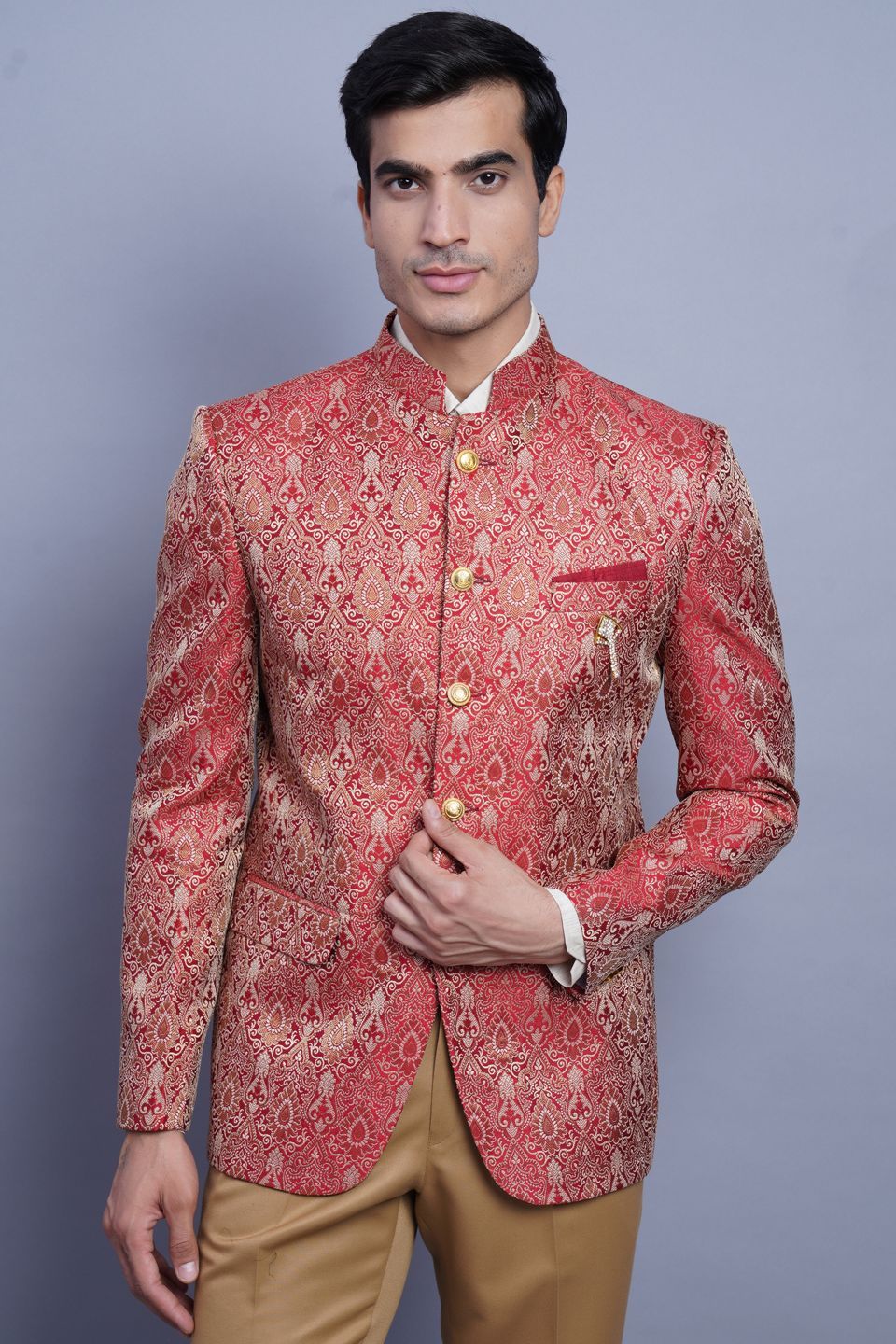 Wintage Men's Banarasi Rayon Cotton Casual and Festive Indian Jodhpuri Grandad Bandhgala Blazer : Red