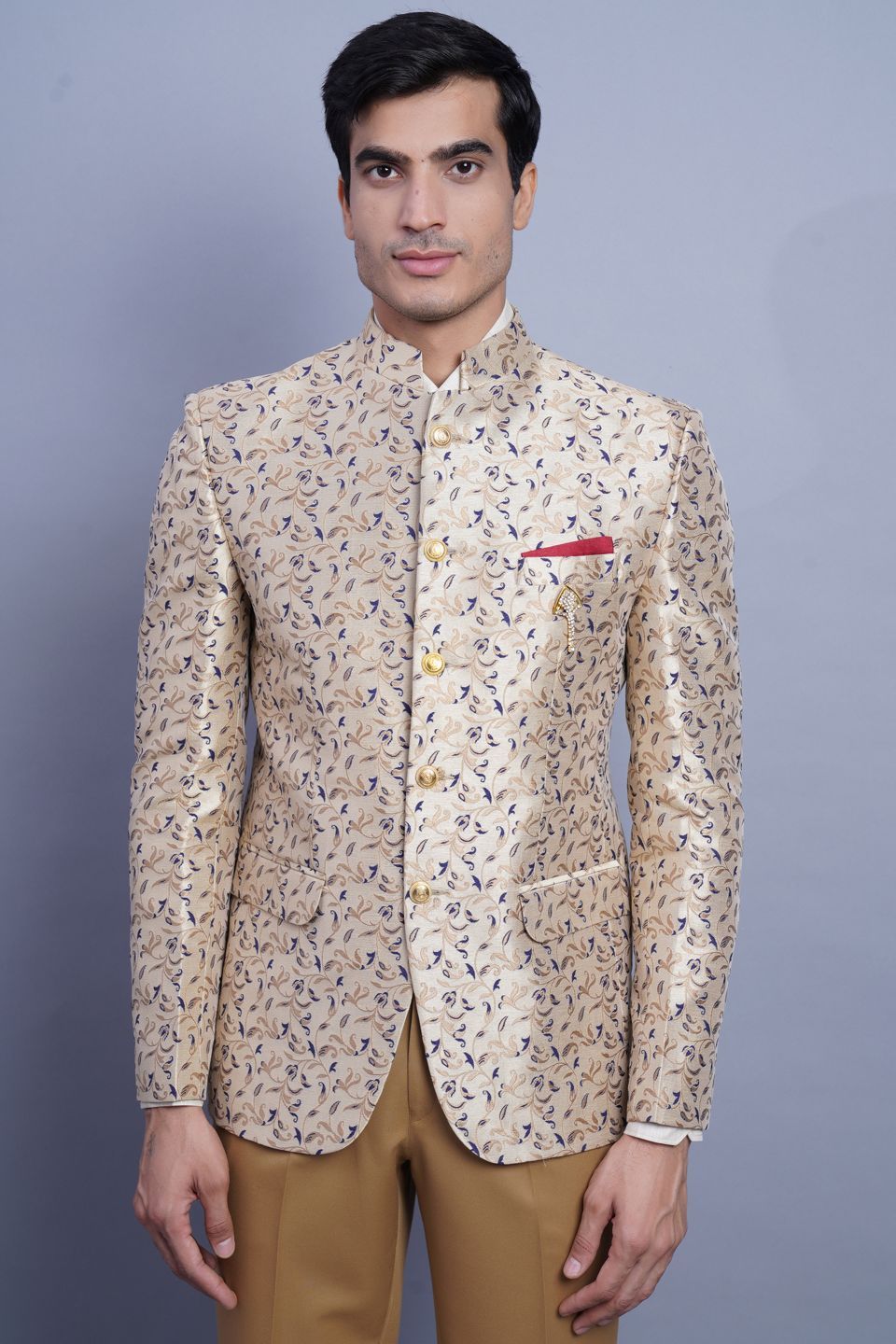 Wintage Men's Banarasi Rayon Cotton Casual and Festive Indian Jodhpuri Grandad Bandhgala Blazer : Beige