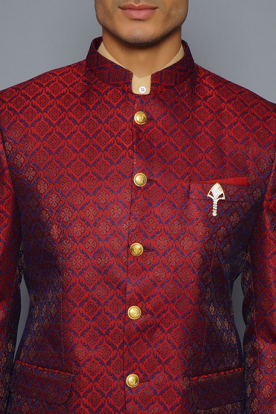 Wintage Men's Banarsi Rayon Cotton Casual and Festive Indian Jodhpuri Grandad Bandhgala Blazer : Red