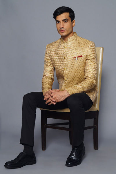 Wintage Men's Banarsi Rayon Cotton Casual and Festive Indian Jodhpuri Grandad Bandhgala Blazer : Gold
