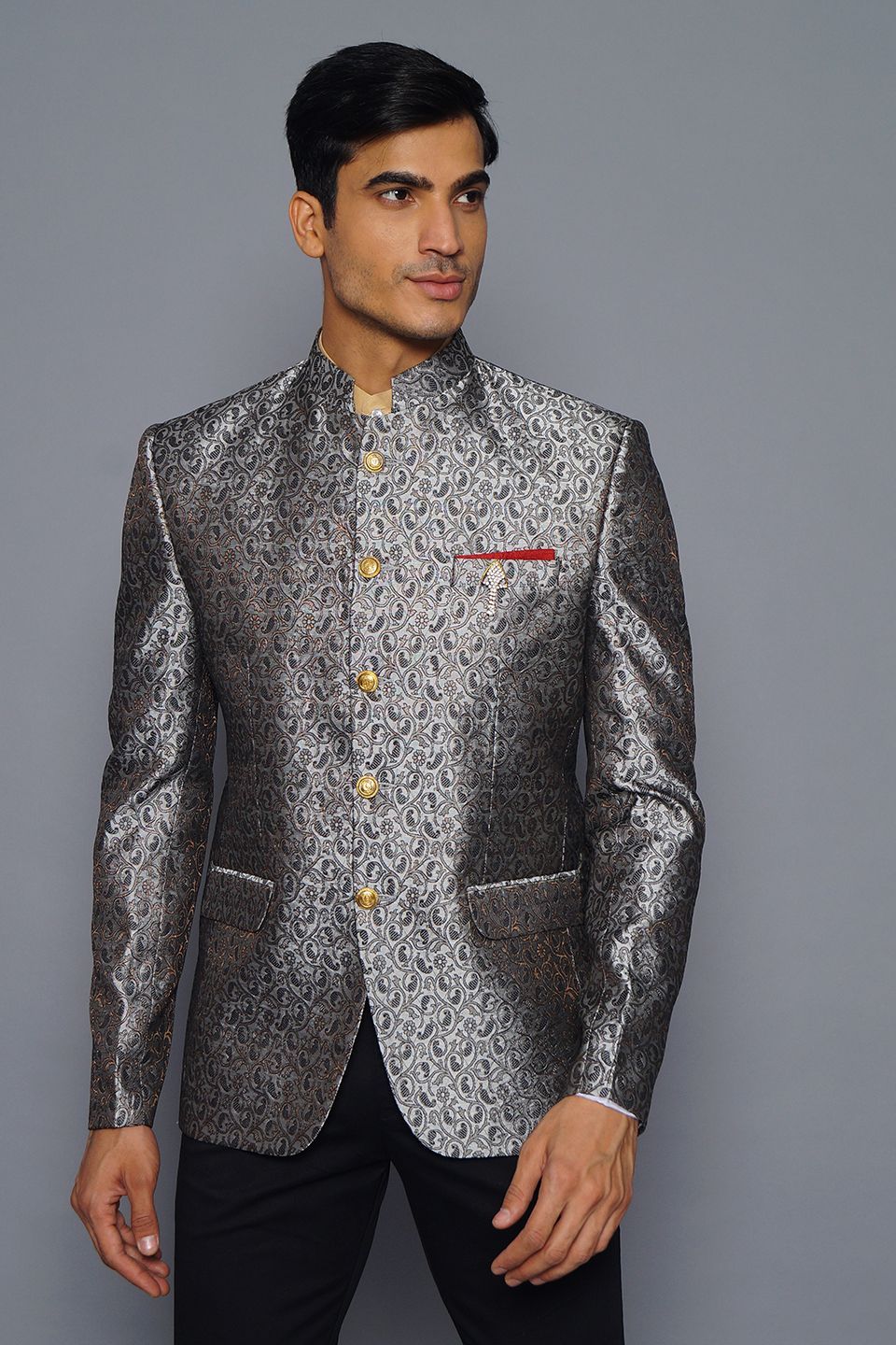 Wintage Men's Banarasi Rayon Cotton Casual and Festive Indian Jodhpuri Grandad Bandhgala Blazer : Grey