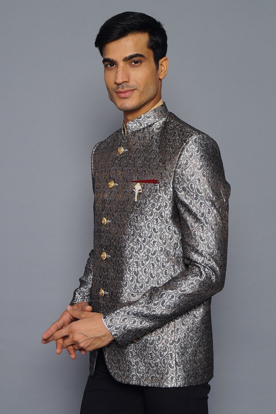 Wintage Men's Banarsi Rayon Cotton Casual and Festive Indian Jodhpuri Grandad Bandhgala Blazer : Grey