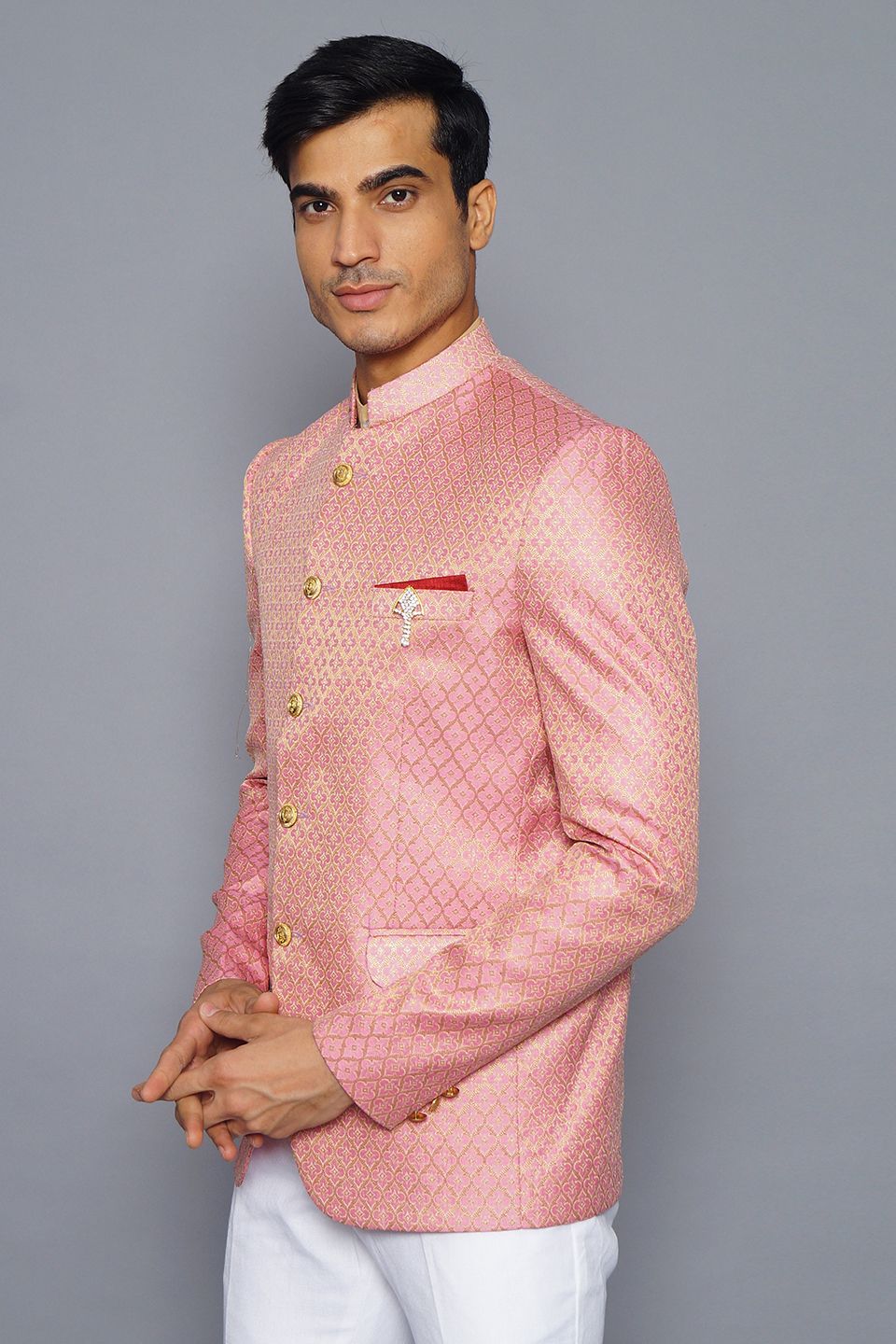 Wintage Men's Banarsi Rayon Cotton Casual and Festive Indian Jodhpuri Grandad Bandhgala Blazer : Pink