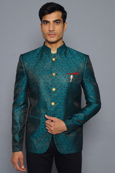 Wintage Men's Banarasi Rayon Cotton Casual and Festive Indian Jodhpuri Grandad Bandhgala Blazer : Green