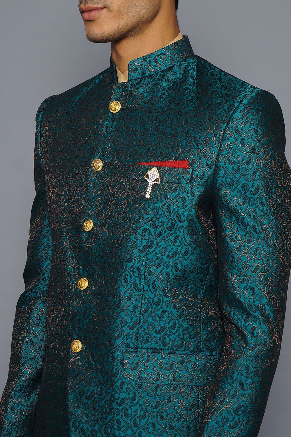 Wintage Men's Banarsi Rayon Cotton Casual and Festive Indian Jodhpuri Grandad Bandhgala Blazer : Green