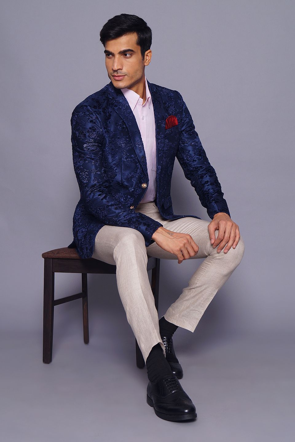 Wintage Men s Embroidered Velvet Coat Blazer Jacket Blue