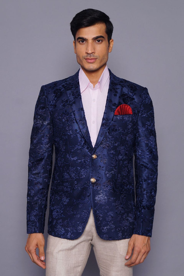Wintage Men's Embroidered Velvet Coat Blazer Jacket: Blue