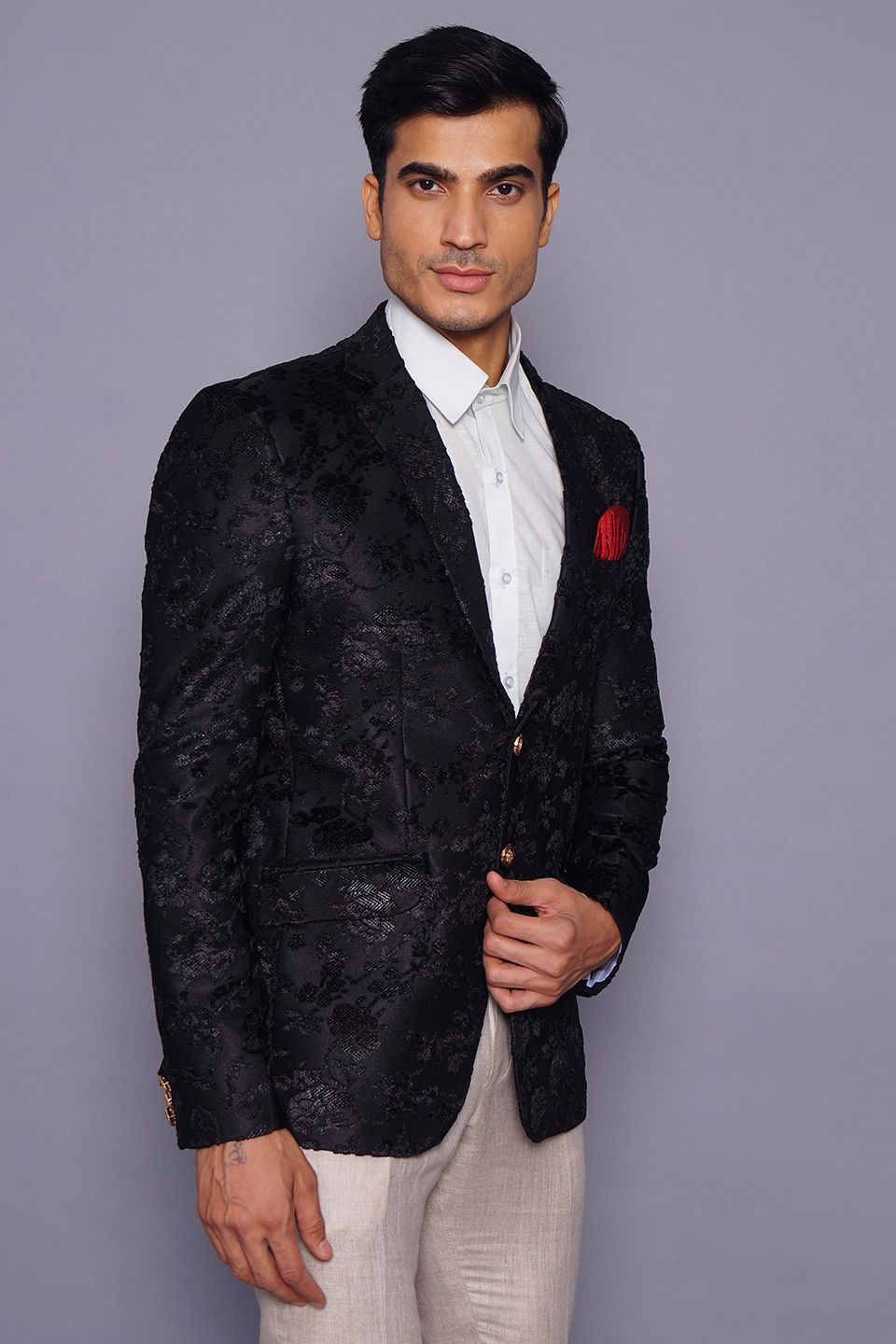 Wintage Men's Embroidered Velvet Coat Blazer Jacket: Black