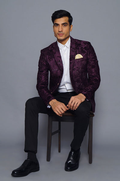 Wintage Men's Embroidered Velvet  Coat Blazer Jacket: Purple