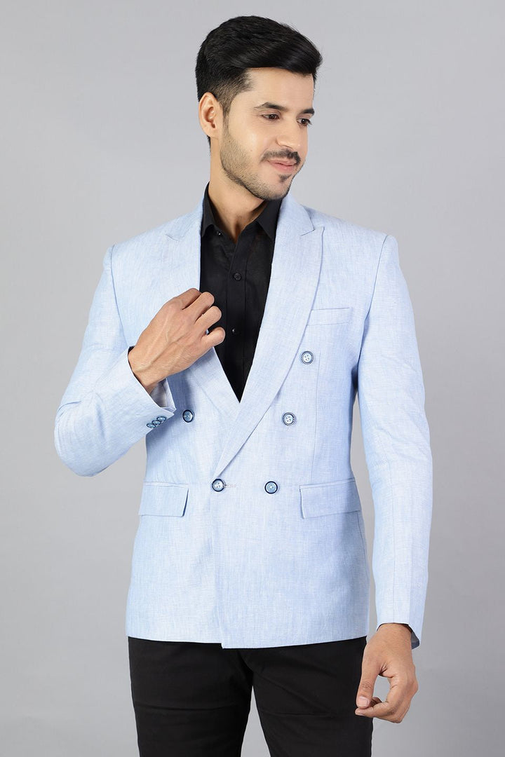 Double-Breasted Linen Sky Blue Blazer - Main Image