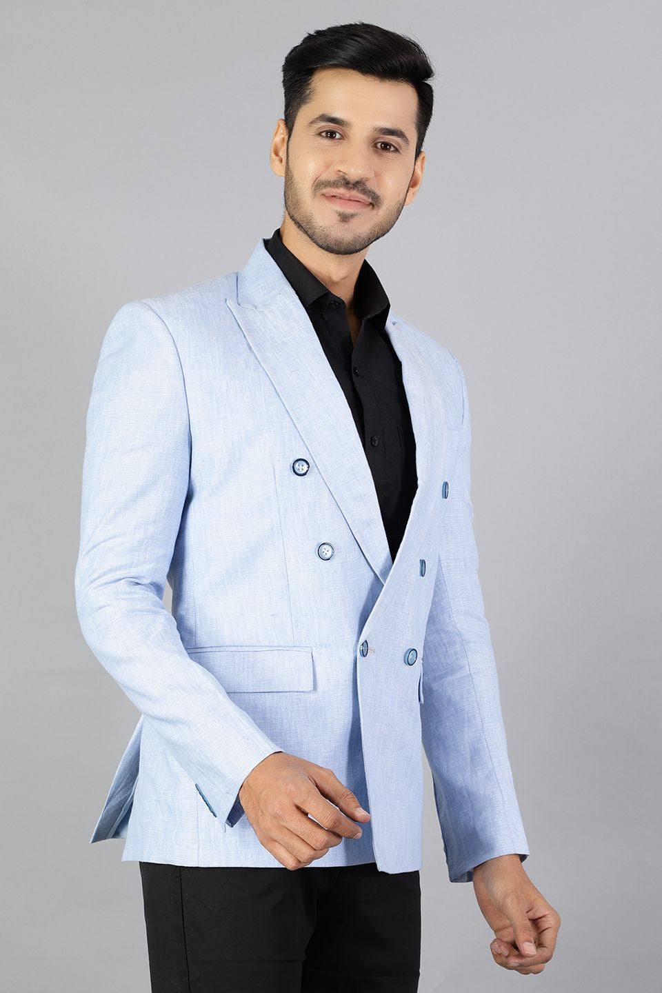 Double-Breasted Linen Sky Blue Blazer - Main Image