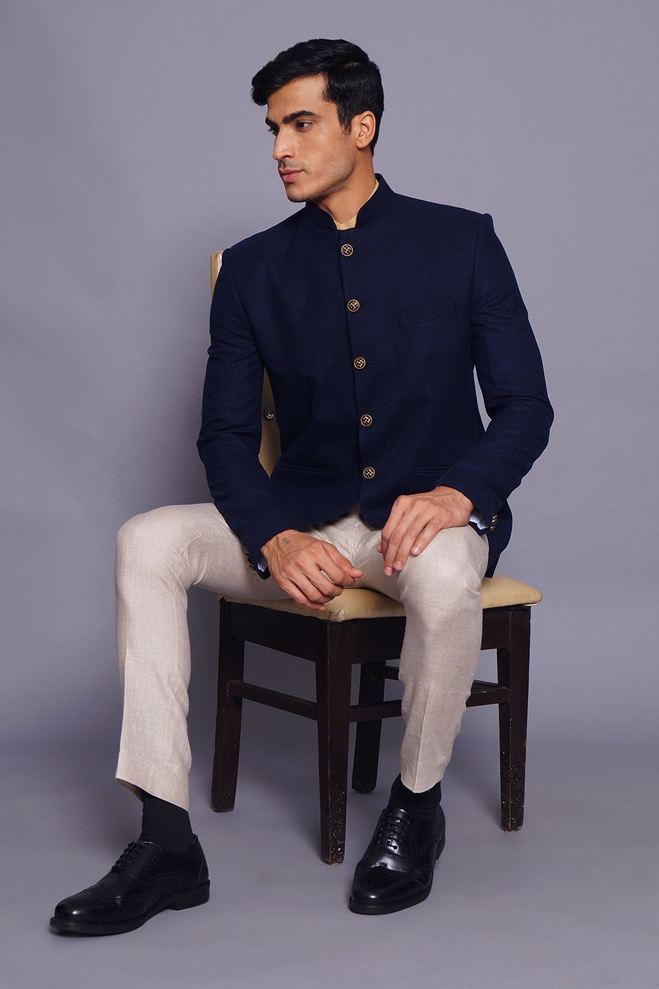Wintage Men s Wool Casual and Festive Bandhgala Blazer Navy Blue