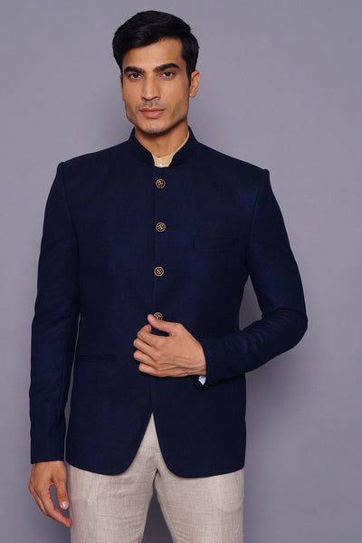 Wintage Men's Wool Casual and Festive Bandhgala Blazer : Navy Blue 