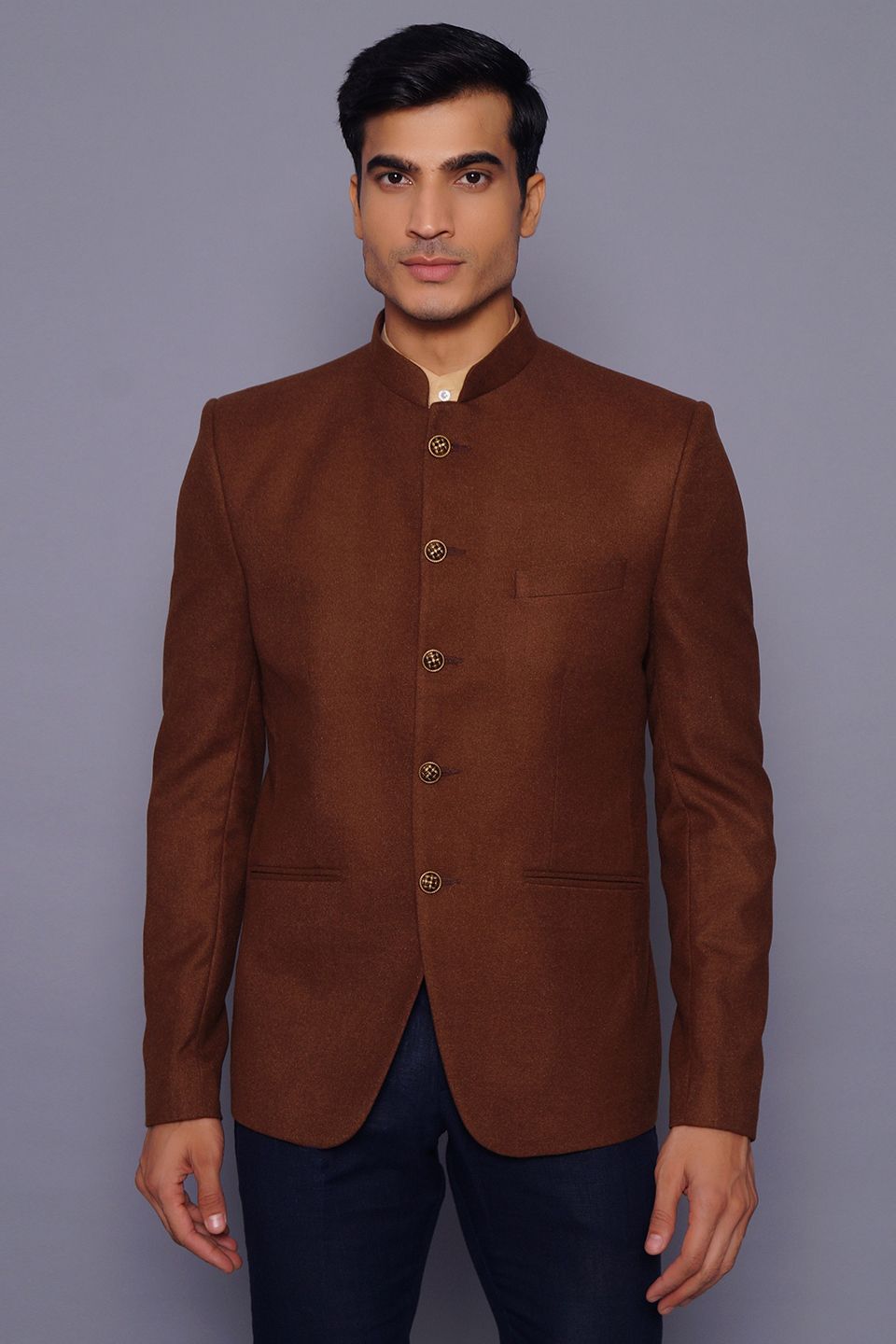 Wintage Men's Wool Casual and Festive Bandhgala Blazer : Brown 1
