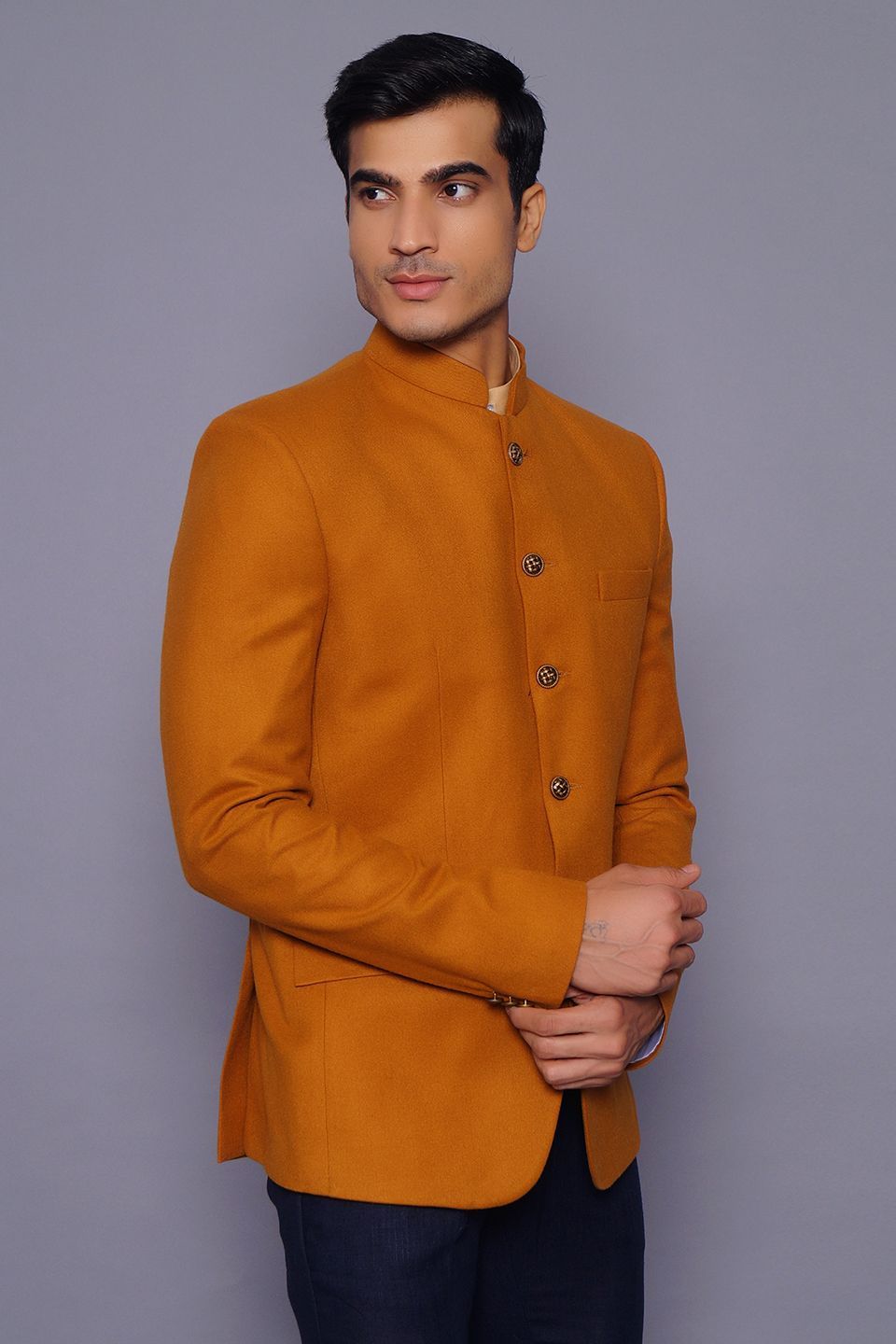 Wintage Men s Wool Casual and Festive Bandhgala Blazer Orange