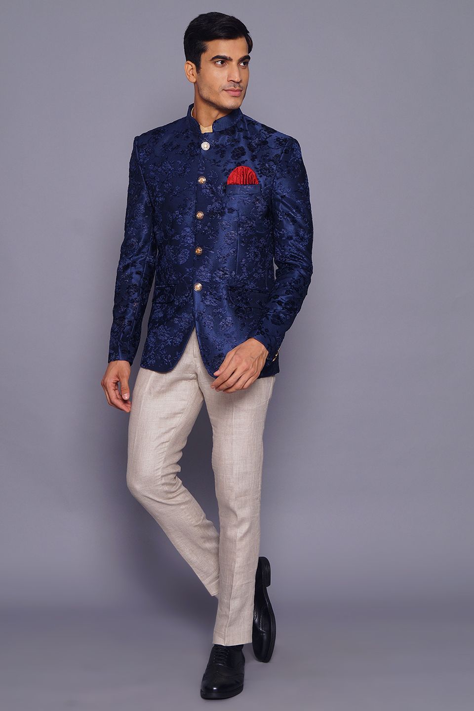 Wintage Men's Embroidered Velvet Party/Festive Indian Jodhpuri Grandad Bandhgala Blazer Blue