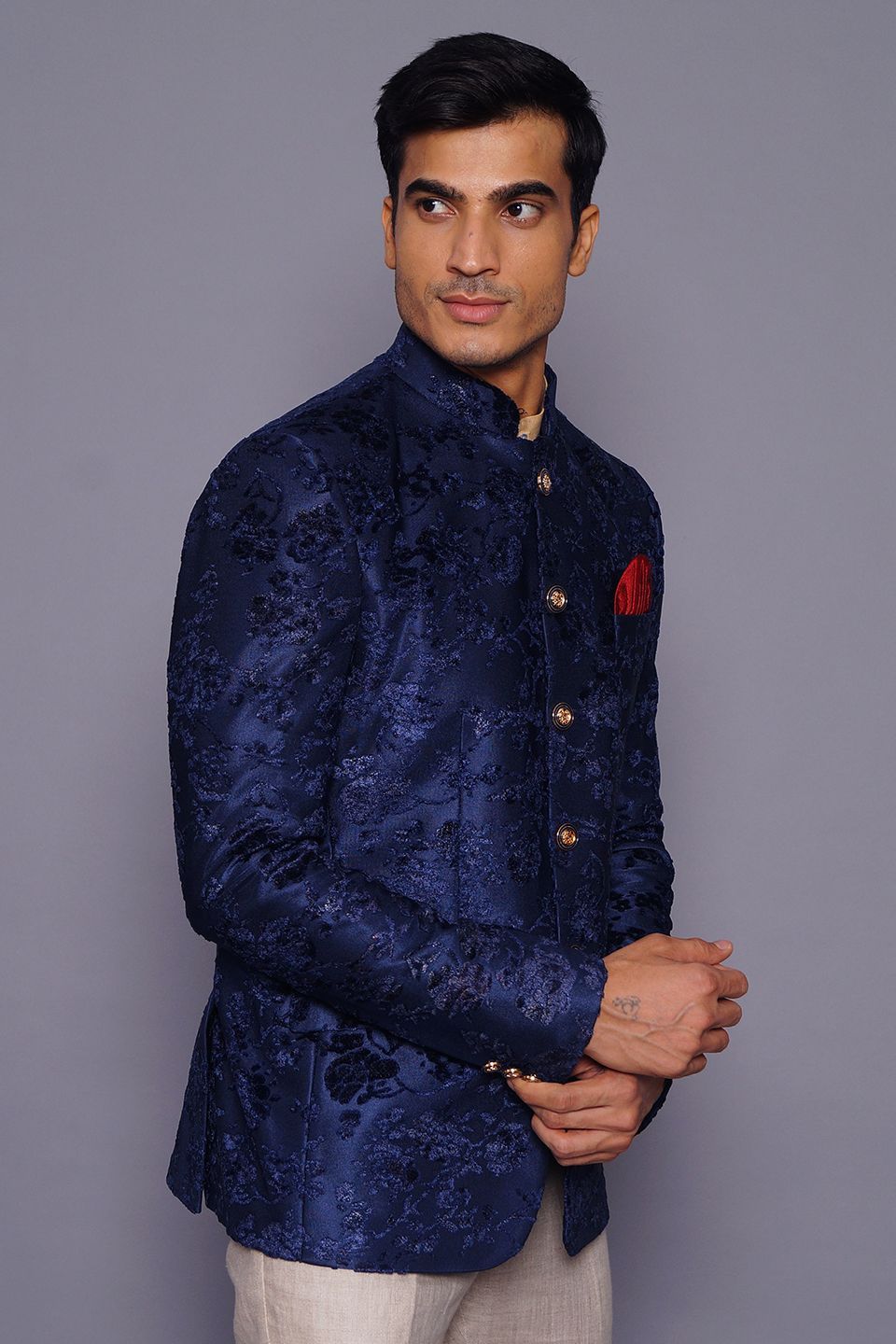 Wintage Men's Embroidered Velvet Party/Festive Indian Jodhpuri Grandad Bandhgala Blazer : Blue