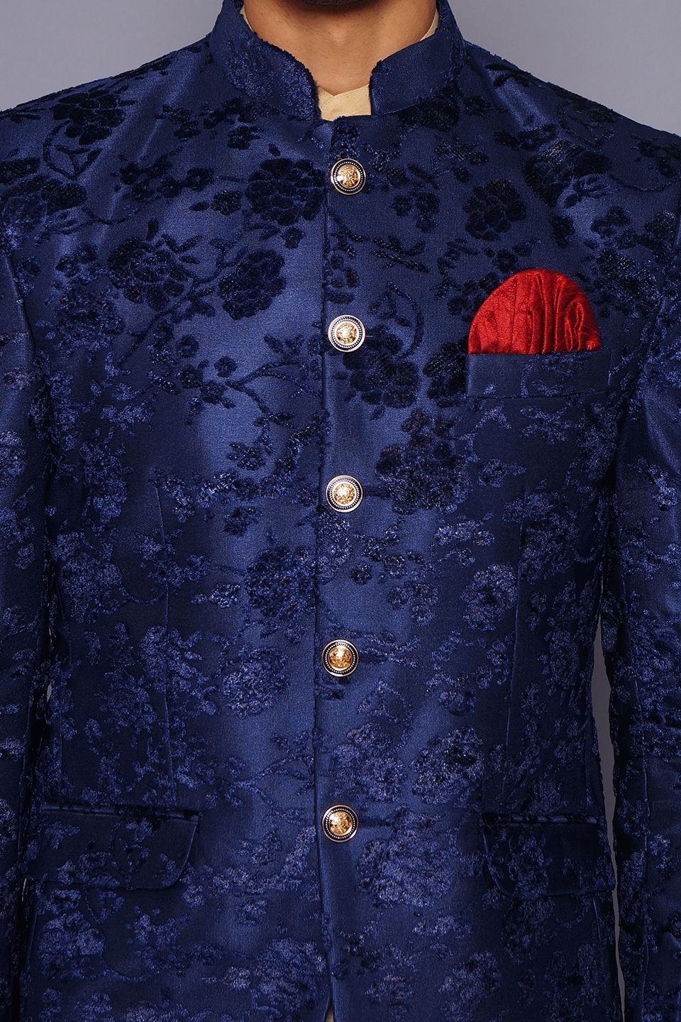 Wintage Men s Embroidered Velvet Party Festive Indian Jodhpuri Grandad Bandhgala Blazer Blue