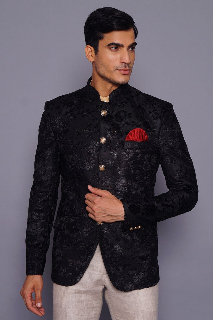 Wintage Men s Embroidered Velvet Party Festive Indian Jodhpuri Grandad Bandhgala Blazer Black