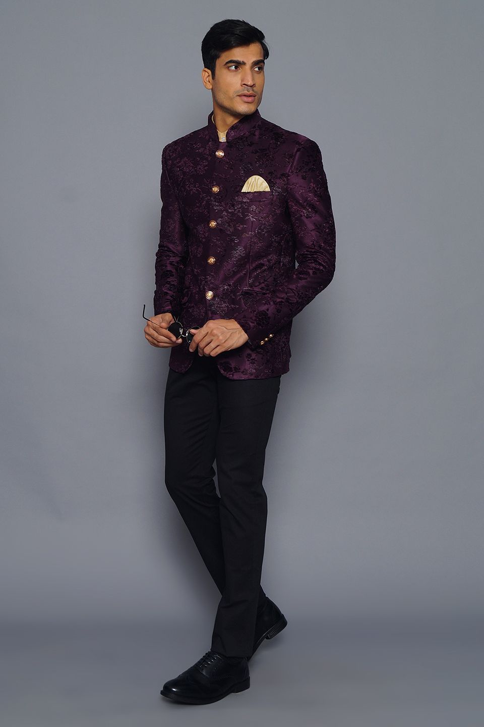 Wintage Men's Embroidered Velvet Party/Festive Indian Jodhpuri Grandad Bandhgala Blazer : Purple