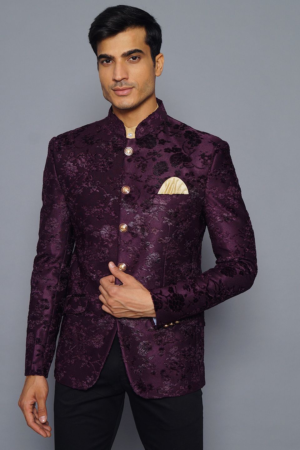 Wintage Men's Embroidered Velvet Party/Festive Indian Jodhpuri Grandad Bandhgala Blazer : Purple
