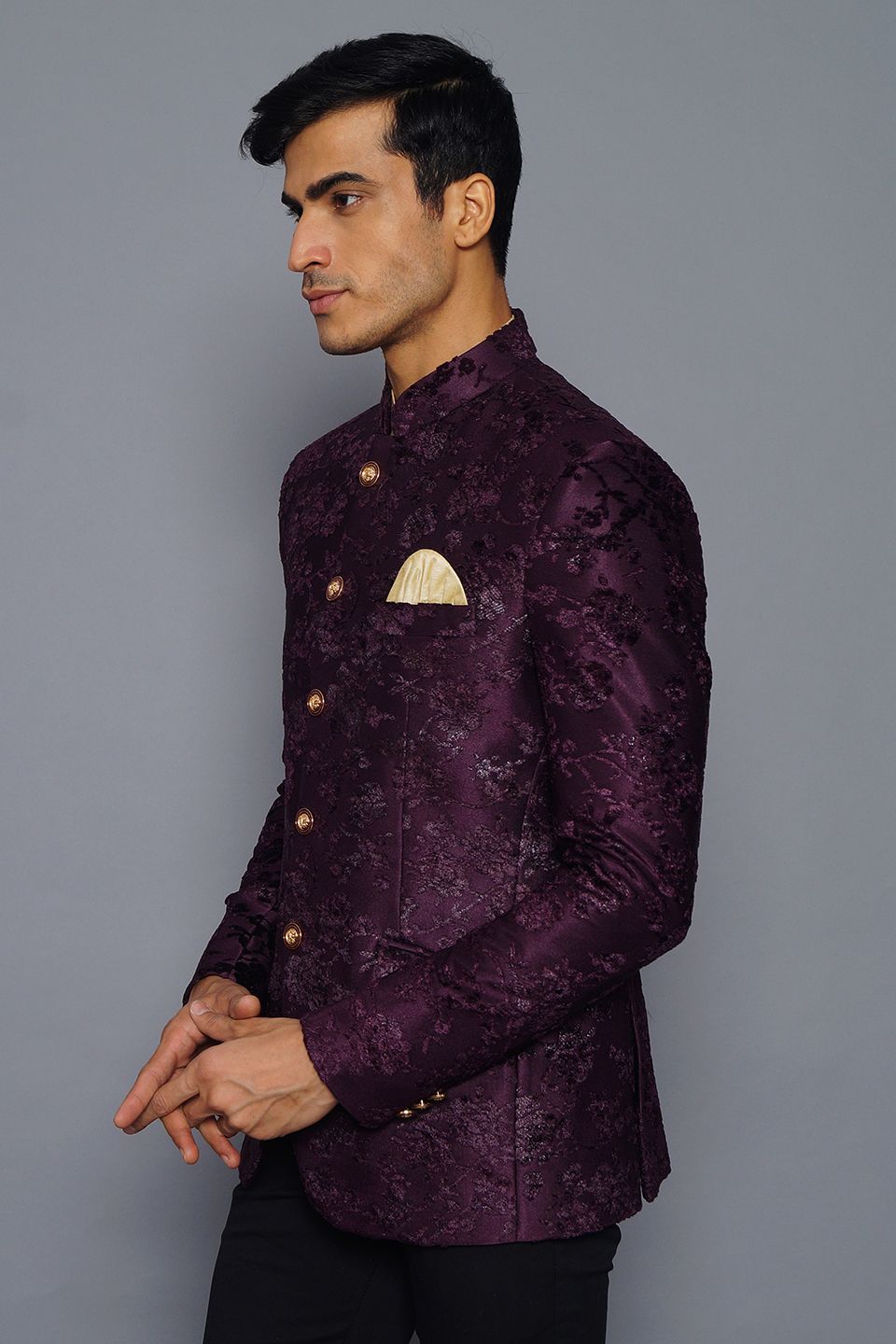 Wintage Men's Embroidered Velvet Party/Festive Indian Jodhpuri Grandad Bandhgala Blazer Purple
