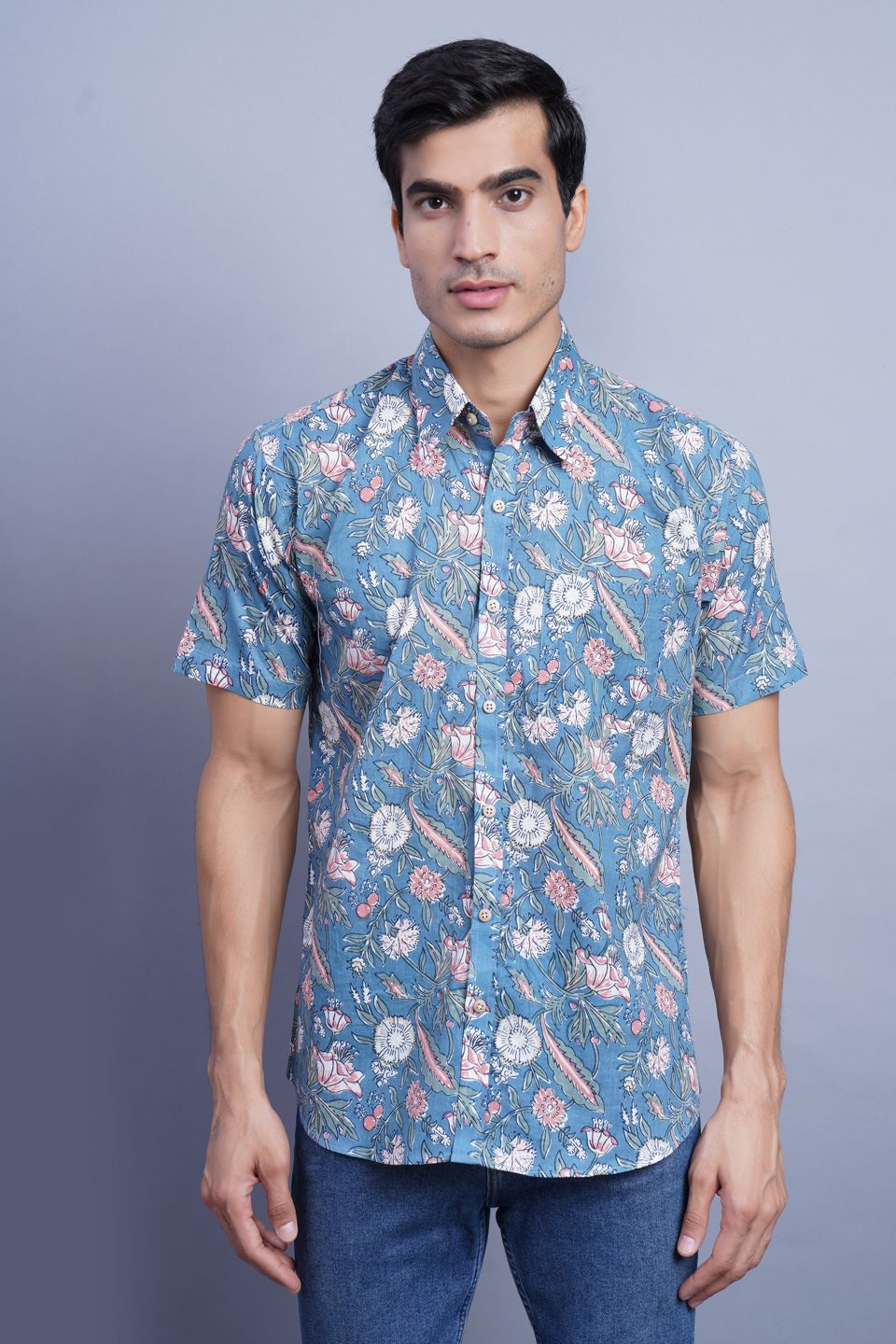Wintage Men's Jaipur Cotton Tropical Hawaiian Batik Casual Shirt -Blue