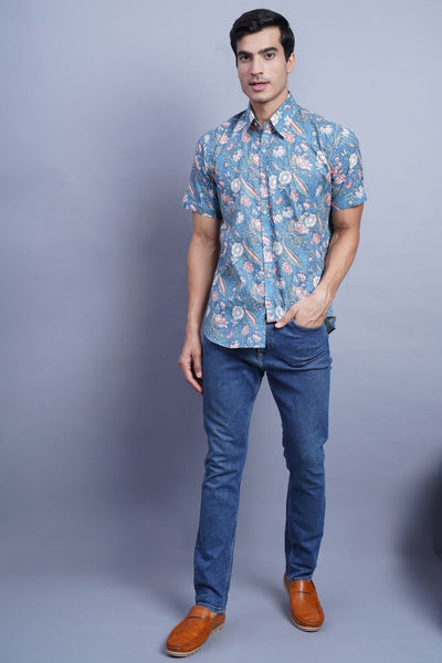 Wintage Men's Jaipur Cotton Tropical Hawaiian Batik Casual Shirt -Blue