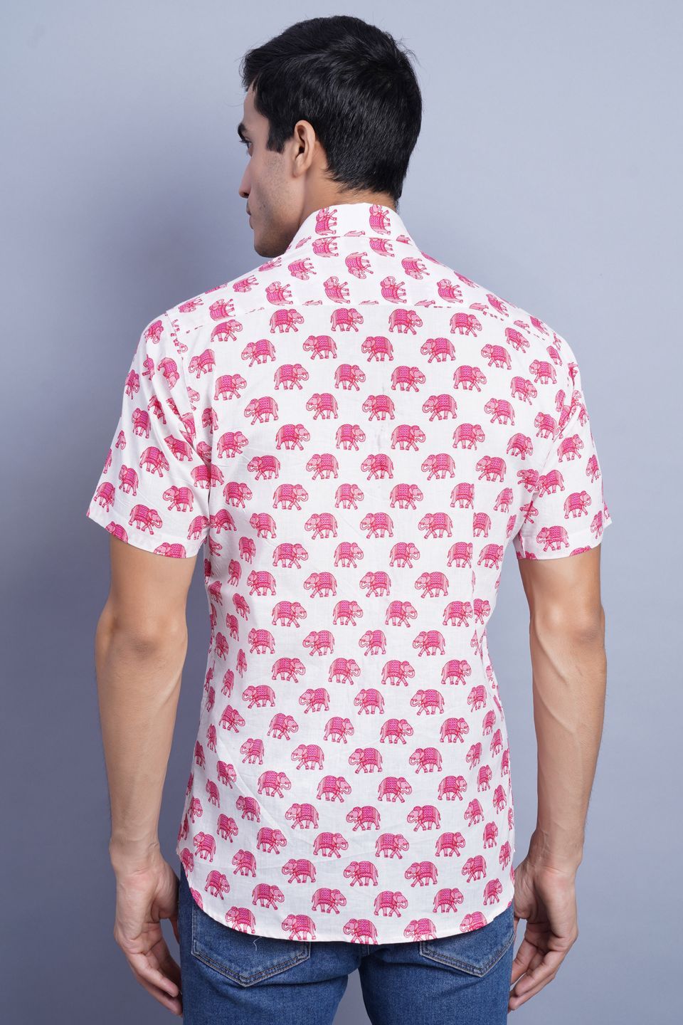 Wintage Men's Jaipur Pink Elephant Print Cotton Tropical Hawaiian Batik Casual Shirt -Pink