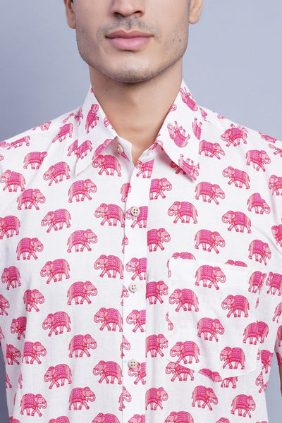 Wintage Men's Jaipur Pink Elephant Print Cotton Tropical Hawaiian Batik Casual Shirt -Pink