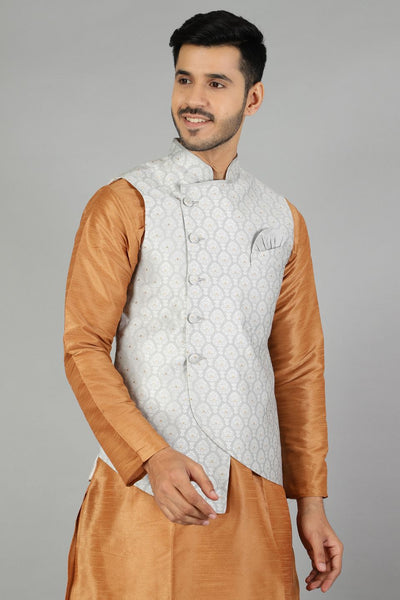 Banarasi Rayon Cotton  Plain Siver Modi Nehru Jacket