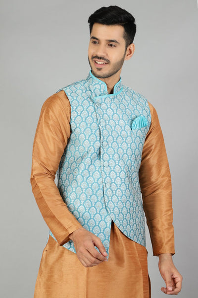 Banarasi Rayon Cotton  Plain Blue Modi Nehru Jacket