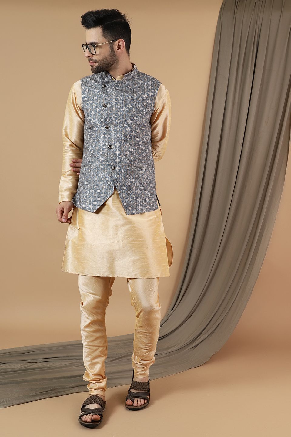 Digital Print Cotton Silk Gold Modi Nehru Jacket & Kurta pyjama Set