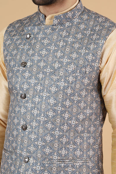Digital Print Cotton Silk Gold Modi Nehru Jacket & Kurta pyjama Set