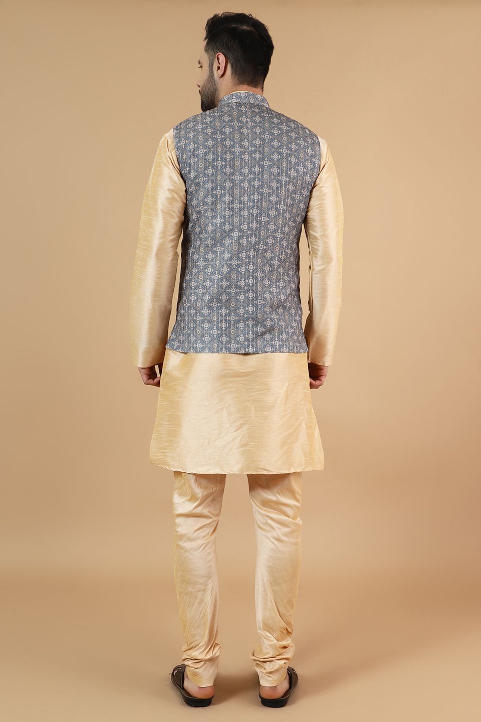 Digital Print Cotton Silk Gold Modi Nehru Jacket & Kurta pyjama Set