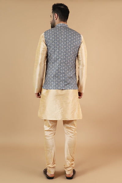 Digital Print Cotton Silk Gold Modi Nehru Jacket & Kurta pyjama Set