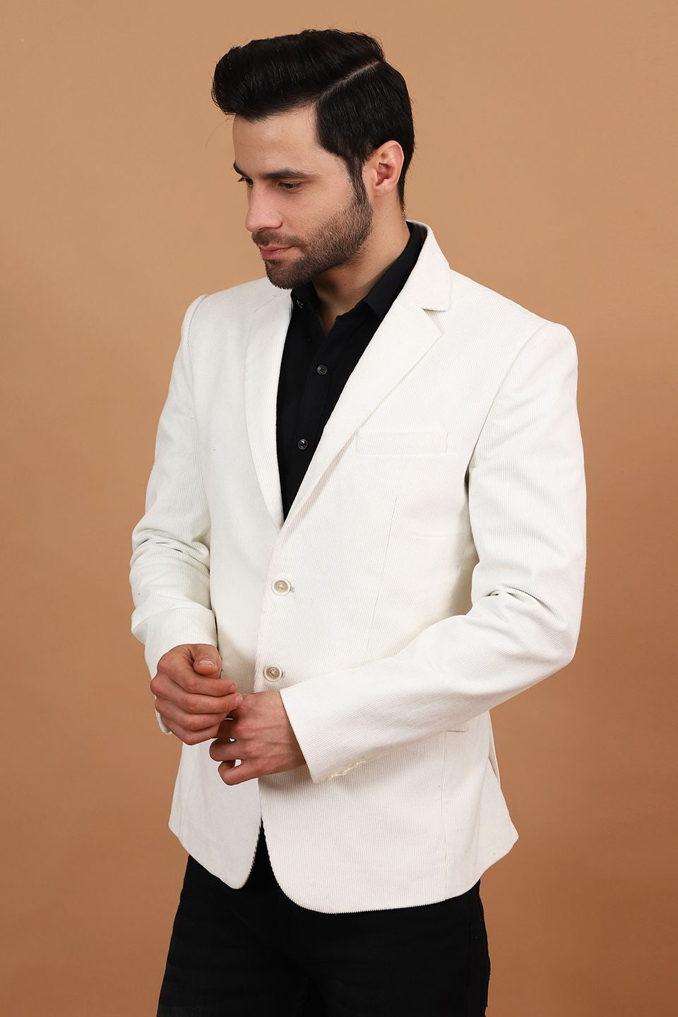White blazer with black buttons sale