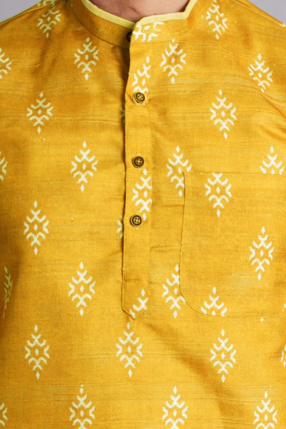 Cotton Silk Mustered Printed Kurta Dhoti