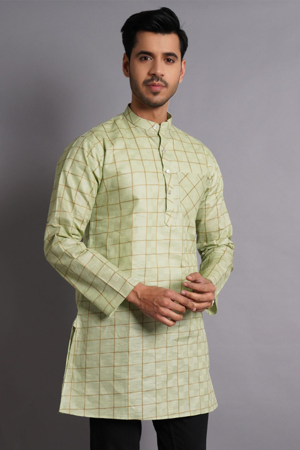 Cotton Silk Light Green Checkered Kurta