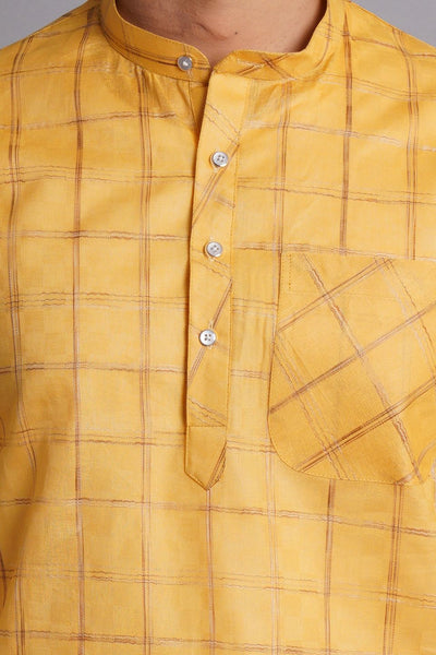 Cotton Silk Yellow Checkered Kurta