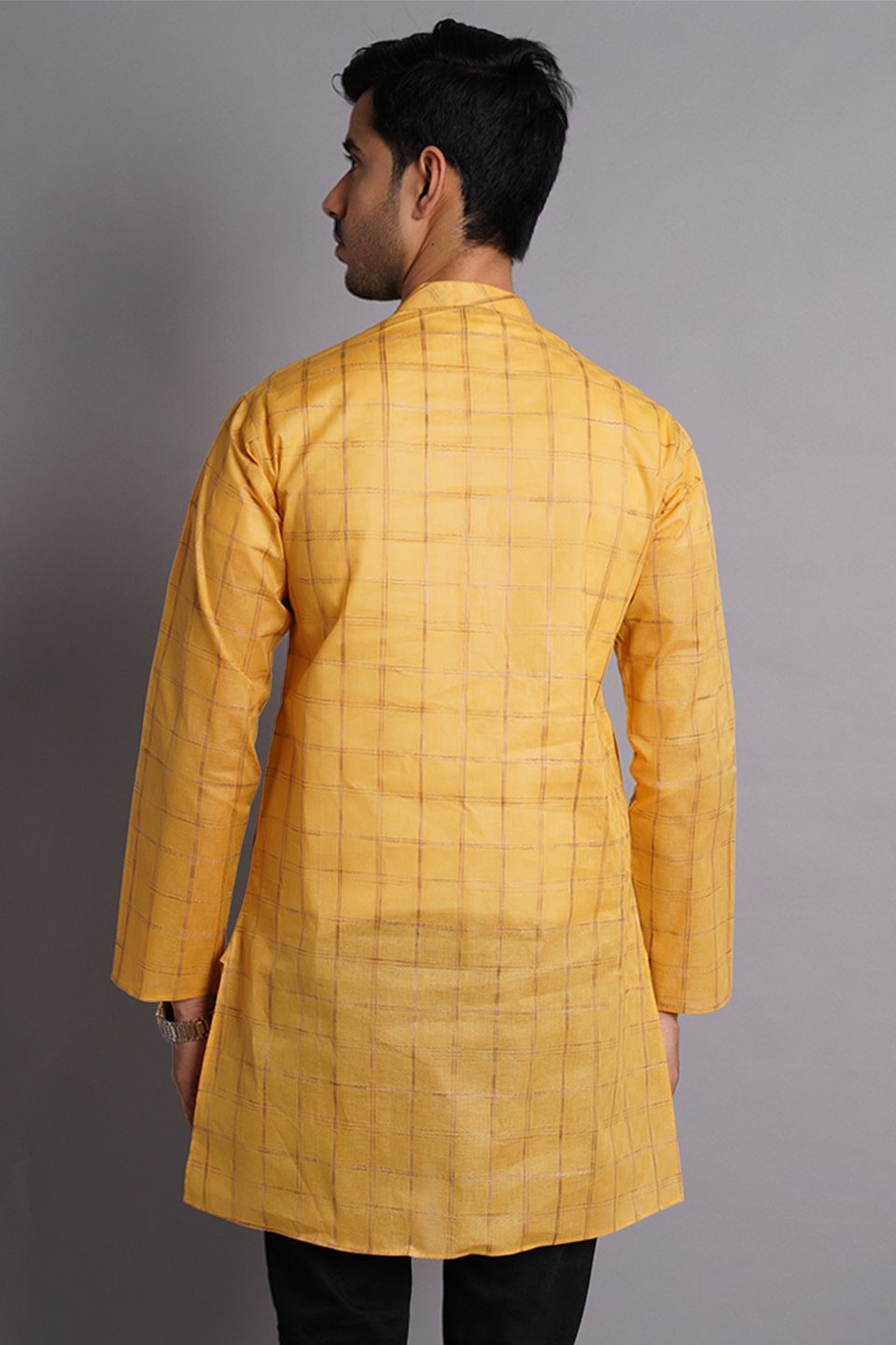 Cotton Silk Yellow Checkered Kurta