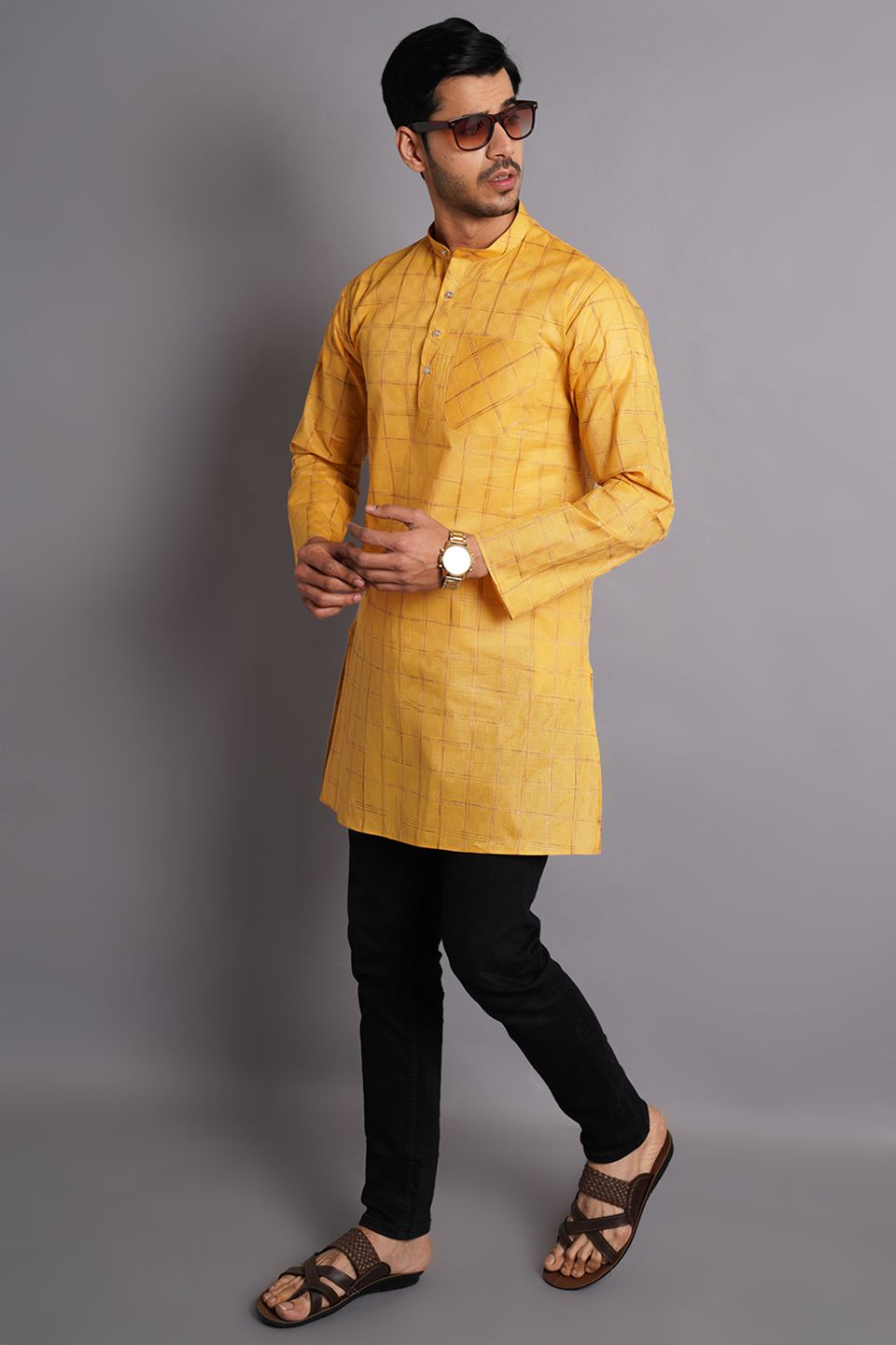 Cotton Silk Yellow Checkered Kurta