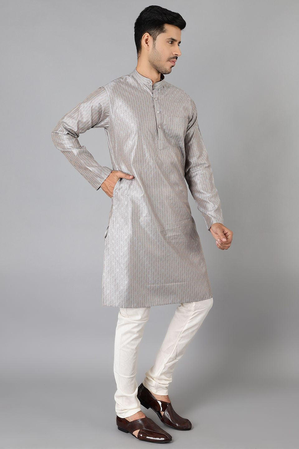 Banarasi Rayon Cotton Grey Kurta Pajama