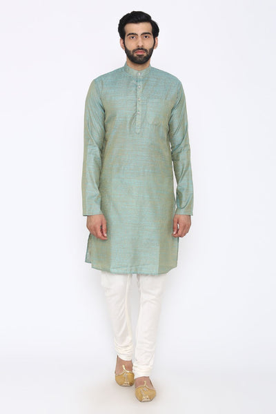 Banarasi Art Silk Cotton Blend Blue Long Kurta