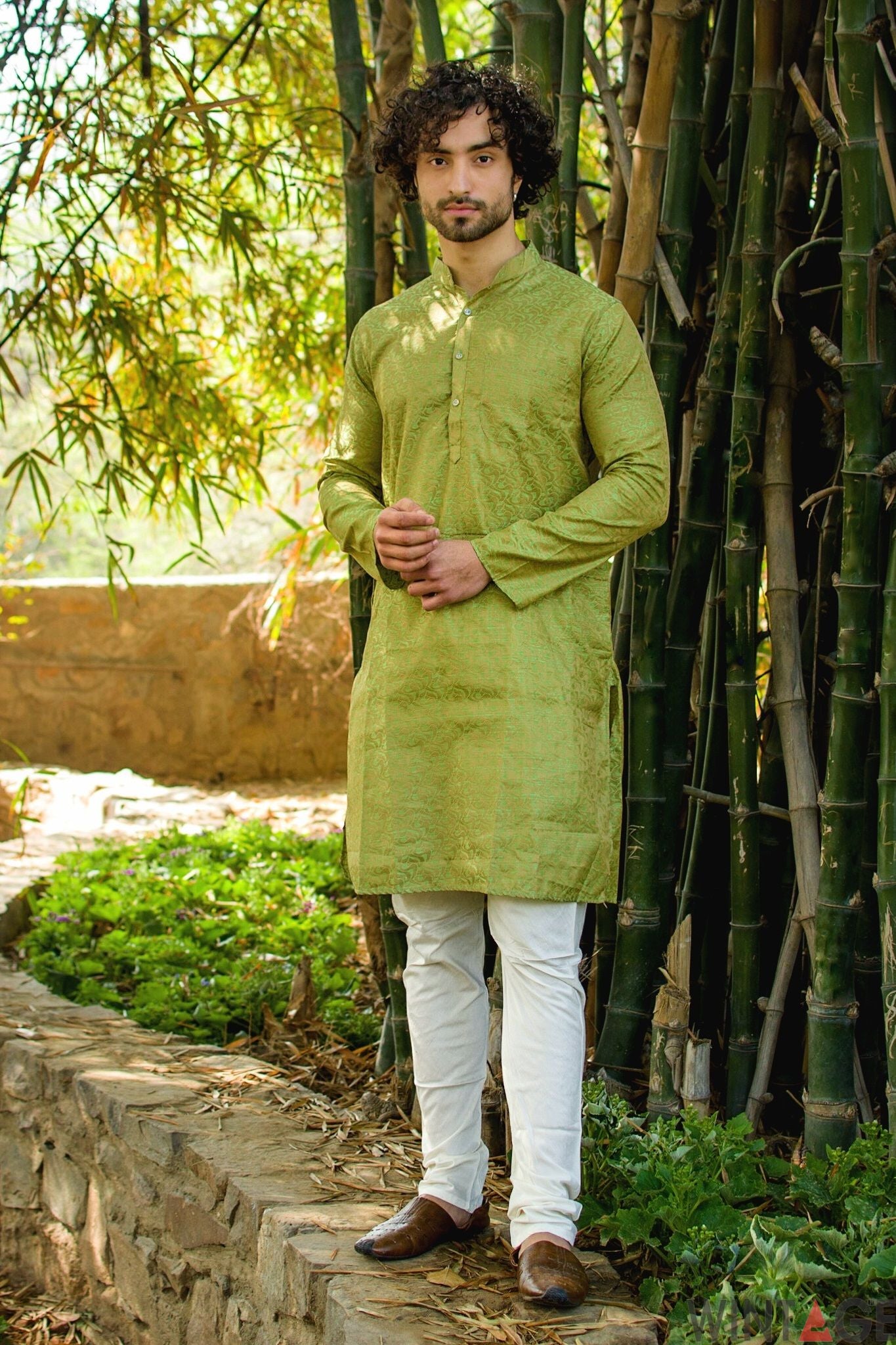 Banarasi Art Silk Cotton Blend Green Long Kurta Pajama