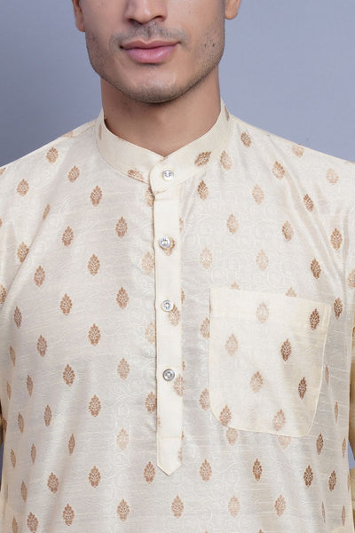 Wintage Men's Banarasi Art Silk Cotton Blend Festive and Casual Long Indian Kurta Comfy Sleepset Top : Cream