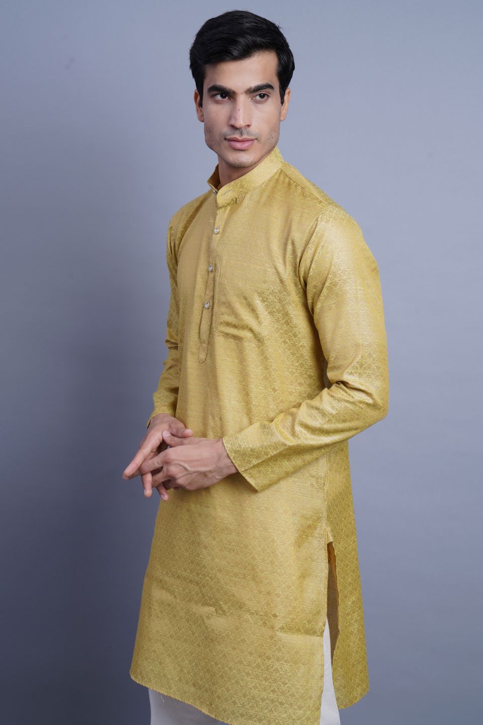 Wintage Men's Banarasi Art Silk Cotton Blend Festive and Casual Long Indian Kurta Comfy Sleepset Top : Green