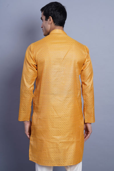 Wintage Men's Banarasi Art Silk Cotton Blend Festive and Casual Long Indian Kurta Comfy Sleepset Top : Orange