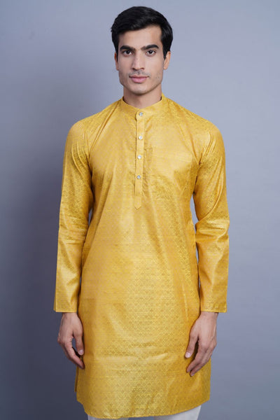 Wintage Men's Banarasi Art Silk Cotton Blend Festive and Casual Long Indian Kurta Comfy Sleepset Top : Yellow
