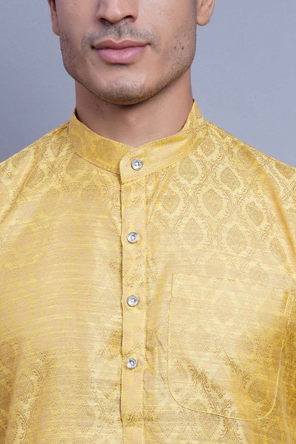 Wintage Men's Banarasi Art Silk Cotton Blend Festive and Casual Long Indian Kurta Comfy Sleepset Top : Yellow
